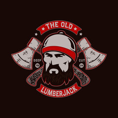Lumberjack skull illustration.  Woodworkers festival poster template. Shirt design on dark background.