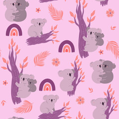 Fototapeta premium Seamless pattern with cute koalas, rainbows and leaves. Vector graphics.