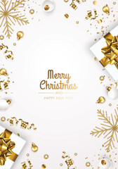 Merry Christmas and Happy New Year. Xmas Festive background with realistic 3d objects, gift box, gold balls.