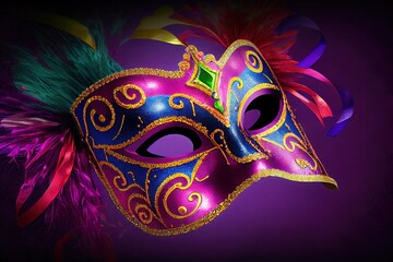 Mardi Gras Masks - Traditional Mardi Gras masks in purple, gold, and green to celebrate Fat Tuesday in the French Quarter of New Orleans, Louisiana. classic design by generative AI