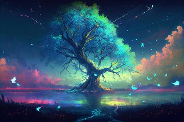 Tree of Life - digital art made by generative AI depicting the tree of life growing in the wild. Glowing and magical, this tree has the spirit of Gaia and provides planetary energy