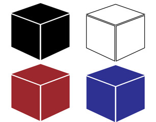 Cube icon. Black, white, red and blue cube set isolated on white background. Geometric shaped cube box