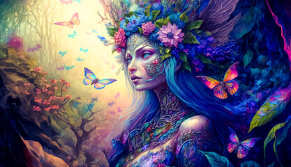 Enchanted fairy with wings in a fantasy magical forest with butterflies, magic flowers and huge moon. concept art © Viks_jin
