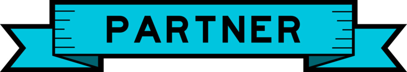 Ribbon label banner with word partner in blue color on white background