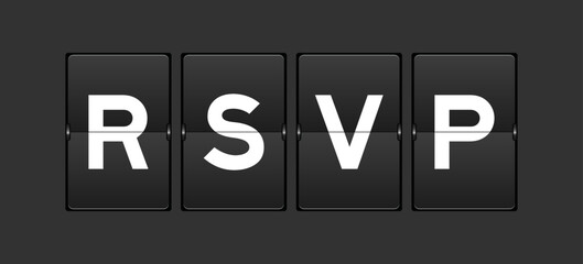 Black color analog flip board with word RSVP (Abbreviation of French word répondez s'il vous plaît) on gray background