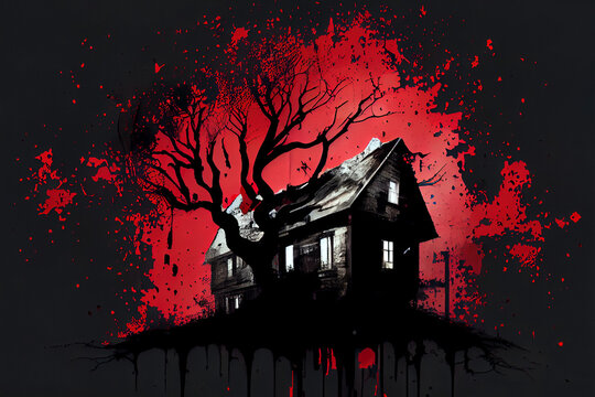 Old house of horror. Black and white with red blood splatters.  
Digitally generated AI image. 