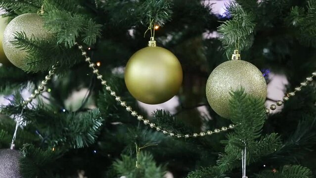 Close-up of a bright red and gold balloon hanging among the green branches of a Christmas tree. Holiday decorations. On the eve of the new year