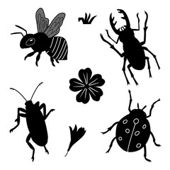 Black icons of insects. Vector illustration of stag beetle, ladybug, bee, and flowers