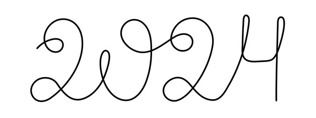 2024 one line art, hand drawn continuous contour. Holiday concept, festive lettering. New year handwriting text, sketch style, minimalist design. Editable stroke. Isolated. Vector illustration