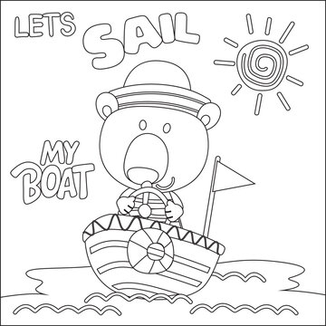 Funny bear cartoon vector on little boat with cartoon style, Trendy children graphic with Line Art Design Hand Drawing Sketch For Adult And Kids Coloring book or page