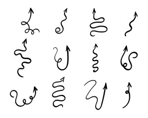 Arrows up set. Hand drawn direction indicator elements. Simple doodle pointers for interface design, cursors upwards.Isolated.Vector illustration