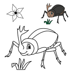 Illustration of a cute rhinoceros beetle for a children's coloring book. Rhinoceros beetle cartoon vector