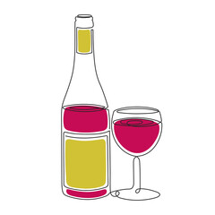 Hand drawn wine bottle and glass one line art,continuous drawing contour.Festive decoration for New Year and Christmas holidays,romantic design for Valentine's Day.Editable stroke. Isolated.Vector