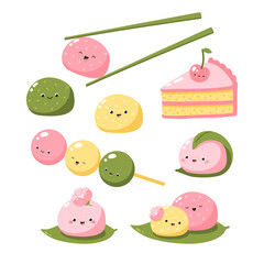 Japanese sweets and desserts vector elements set. Mochi, dango, cake - 557395735