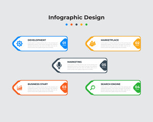 Business Infographics Template, Modern Infographics Design, 5 steps, Timeline, Can be used for workflow layout, Creative Banner, Marketing, Vector illustration