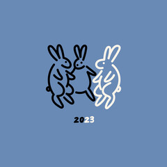 Three dancing Bunnies. Outline standing rabbits. Hand drawn trendy Vector illustration. Cute simple cartoon creatures. Icon, logo, print template. Isolated icon. New year 2023 symbol. Pre-made card