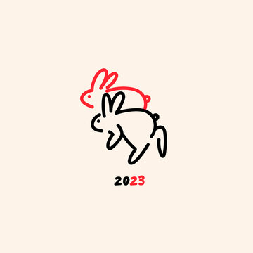 Two running Bunnies. Outline rabbits. Hand drawn trendy Vector illustration. Cute simple cartoon creatures. Icon, logo, print template. Isolated icon. New year 2023 symbol. Pre-made card