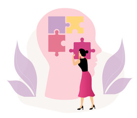 Brain concept. Memory, mental health concept. Brain development. Psychology. Brain jigsaw. Flat vector illustration.
