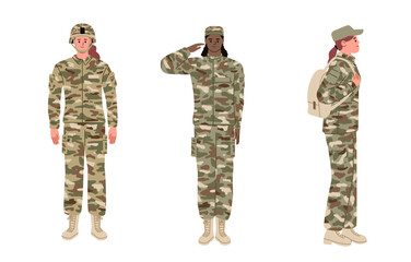 Women soldiers set. Female soldiers in the army. Infantry. War fighters. Call up to armed forces. Mobilization. Flat vector illustration.