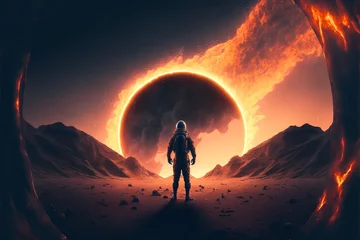 Möbelaufkleber Future sci-fi landscape with a Astronaut standing infront of a black hole in the planet's sky, neon lights, and a digital illustration. © Concept Killer