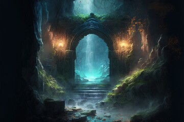 Fototapeta premium Portal to another world, Fantasy Doorway, Abstract Art, Digital Illustration, Generative AI