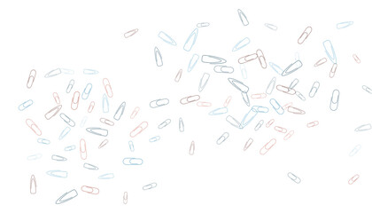 Paper clips are scattered on a white background. Decorative element. Background for design, school and office supplies