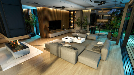 3d rendering of modern cozy interior with living,dining zone stair and kitchen for sale or rent with wood plank by the sea in night. Warm interior lighting combined with cold light from night street