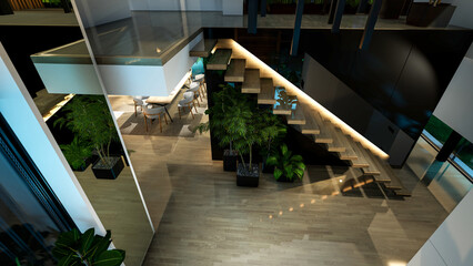 Fototapeta premium 3d rendering of modern cozy interior with living,dining zone stair and kitchen for sale or rent with wood plank by the sea in night. Warm interior lighting combined with cold light from night street