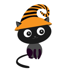Cute black cat in a hat is sitting on Halloween. Illustration