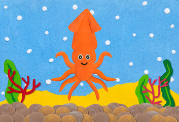 orange squid made from plasticine on under water background - obrazy, fototapety, plakaty