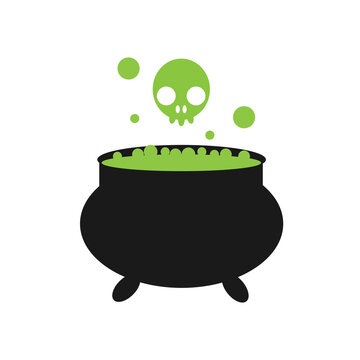 Witch cauldron, Halloween magic pot with green potion.   Boiler with boiling magic brew or steaming goo. Isolated evil item for wizard, sorceress or mage, cartoon kettle with poison