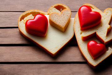 Plakat photography of white bread and boiled sausage for making hearts , love, heart, valentine, - AI Generated