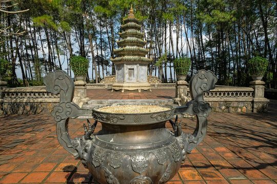 Hue, Vietnam - December 25, 2022: Views of the Thien Mu Pagoda in Hue, Vietnam.
