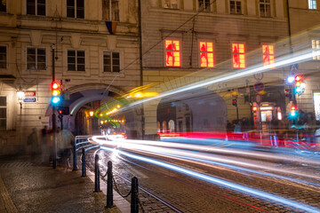 Prague tram at night