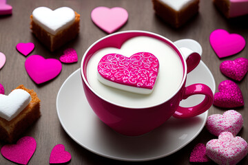 Obraz na płótnie Canvas photography of a Banner. Mug with sweets and marshmallows on, love, heart, valentine, - AI Generated