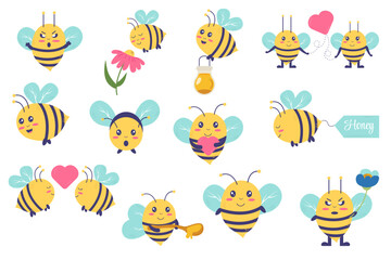 Naklejka premium Collection of bees kawaii character. Bee with honey, flowers, angry bee