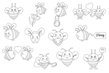 Collection of bees outline kawaii character. Bee with honey, flowers, angry bee