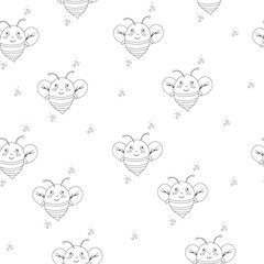 Seamless pattern outline of bee on white background. Vector