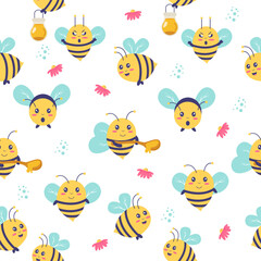 Seamless pattern of bees on white background. Vector