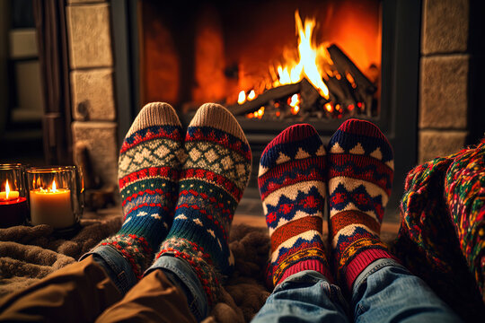 People warming up their feet in woollen socks by the Christmas fireplace. Winter and Christmas holidays, created with Generative AI technology.