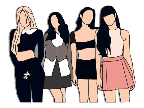 Colored Line art of A group Kpop of cute female idols standing in charming poses. Korean idols meet fans, K-pop idols on stage. flat design style vector illustration. black pink color kpop image.