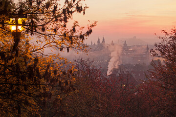 Prague, Bohemia, Czech Republic at sunrise from park