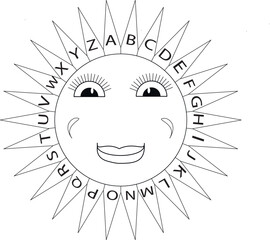 Vector sun black line print, illustration for coloring book with letters of the English alphabet, teaching materials. Smile sunny vector illustration