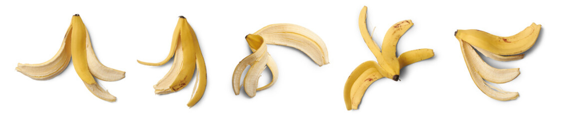 set of banana peels isolated, food waste or kitchen scrape management concept, collection in different angles
