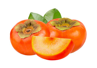 fresh ripe persimmons with leaf  isolated on transparent png