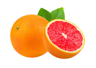 pink orange grapefruit slice with leaf isolated on transparent png