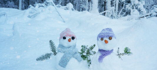 Winter snow snowman background panoramic banner panorama - Little cute Snowman sits on snow in...