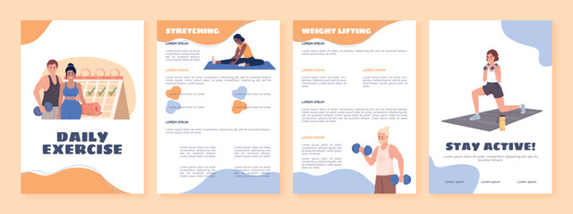 Daily exercise flat vector brochure template. Booklet, leaflet printable flat color designs. Editable magazine page, reports kit with text space. Sigmar One, Balsamiq Sans, Comfortaa fonts used