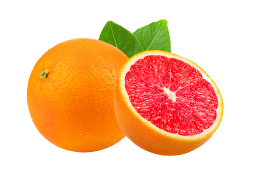 pink orange grapefruit slice with leaf isolated on transparent png