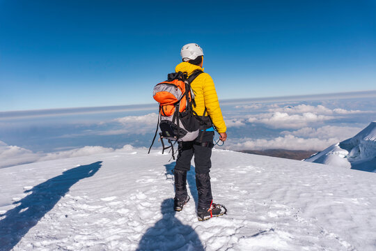Hiker posing at camera on the trek in cayambe volcano